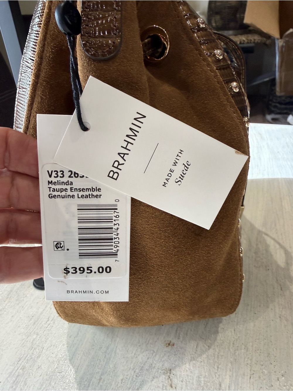 Brahmin Melinda Taupe Ensemble Brown Suede & Cream Drawstring Bucket Crossbody - Picture 6 of 14